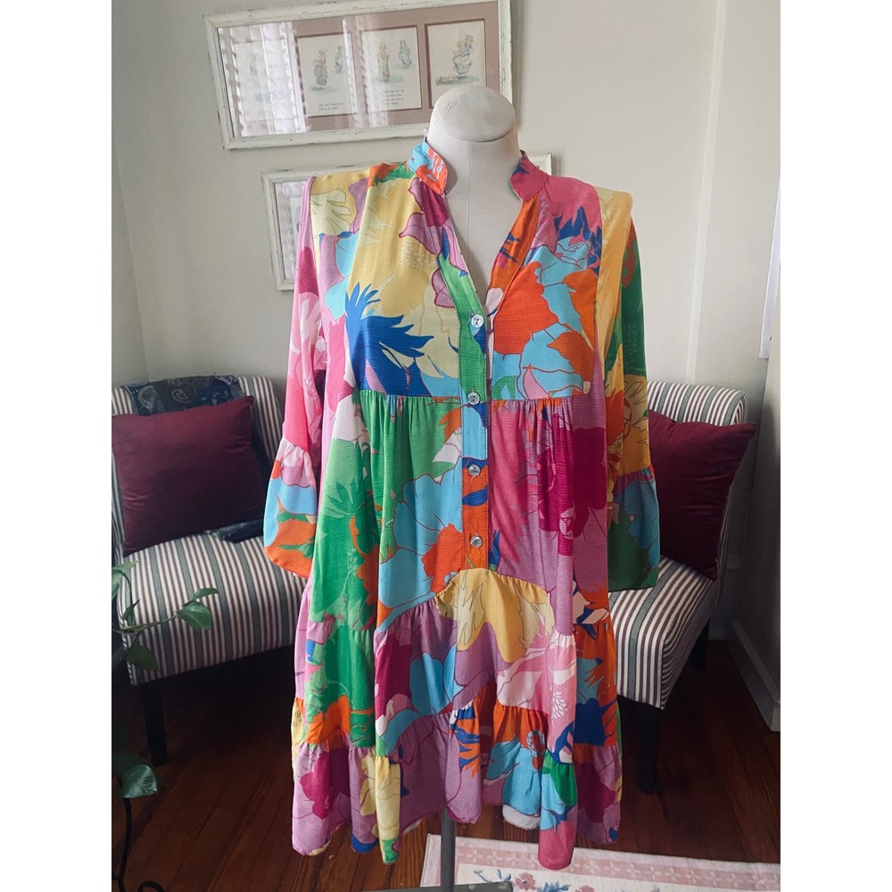 Floral Patchwork Tiered Mini Dress Multi Color Bell Sleeve Boho Babydoll sz L - Picture 2 of 8